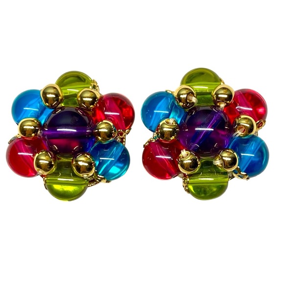 Signed Trifari Jewel-Toned Glass Bead Clip Earrings - Picture 2 of 12